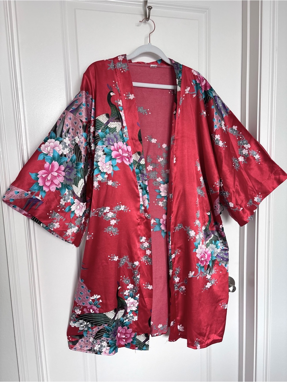 Vintage 100% Silk Red Floral Kimono Robe Japanese Inspired Peony Bird Print